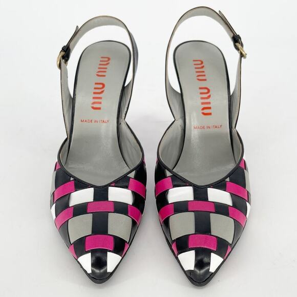 Vintage Retro Miu Miu Pink Black White Woven Pointed Toe Slingback Pump IT 39 - Picture 5 of 11
